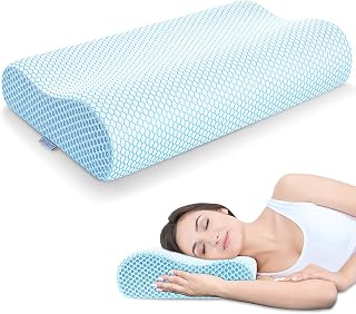 Anvo Firm Memory Foam Cervical Pillow - Ergonomic Contour Neck Support for Side Back Stomach Sleepers, Pain Relief Blue White