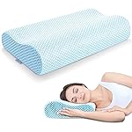 Anvo Memory Foam Pillow, Neck Contour Cervical Orthopedic Bed Pillow for Sleeping Side Back Stomach Sleeper, Ergonomic Design for Neck and Shoulder Pain Relief, Blue White, Firm