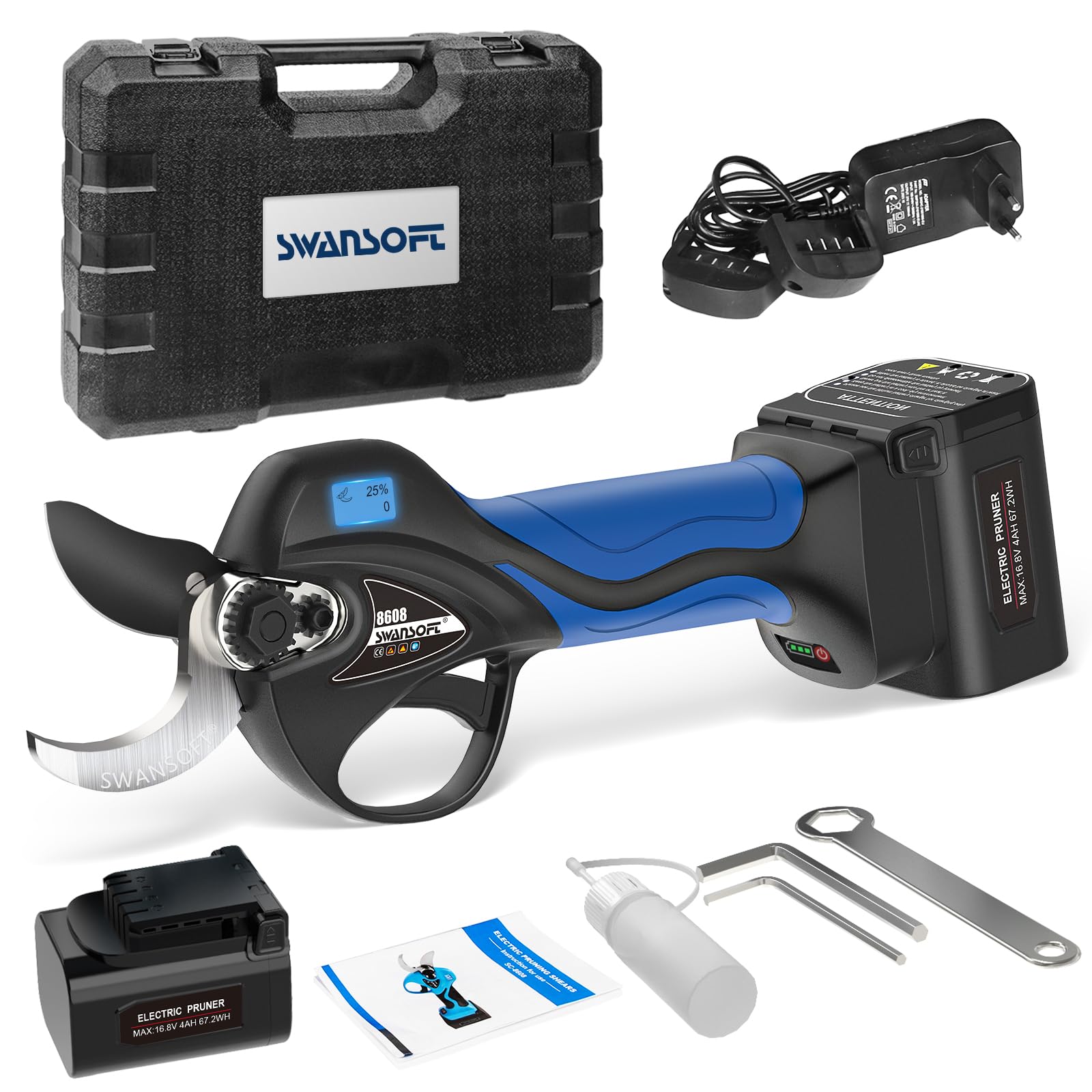 Swansoft 8608 35mm Tijeras de Podar a Batería, 16,8V 900W Tijeras de Podar Progresivas a Batería Profesionales, para Podar, Fruticultores y Viticultores,Deep Blue (Deep Blue)