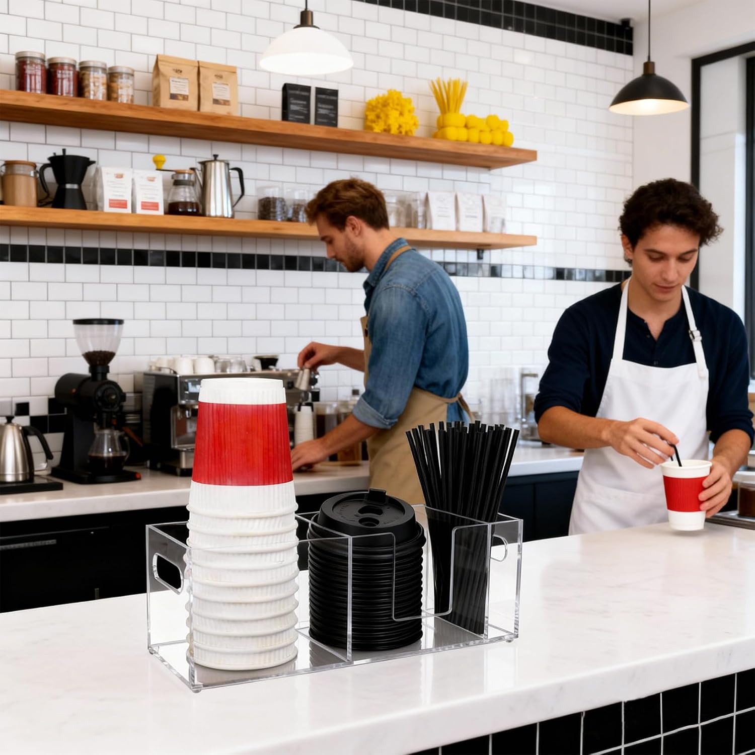 Acrylic Coffee Cup Holder for Countertop Coffee Station Accessories & Organizer 3 Slots Clear Coffee Bar Organizer for Cup Lid Straw image 5