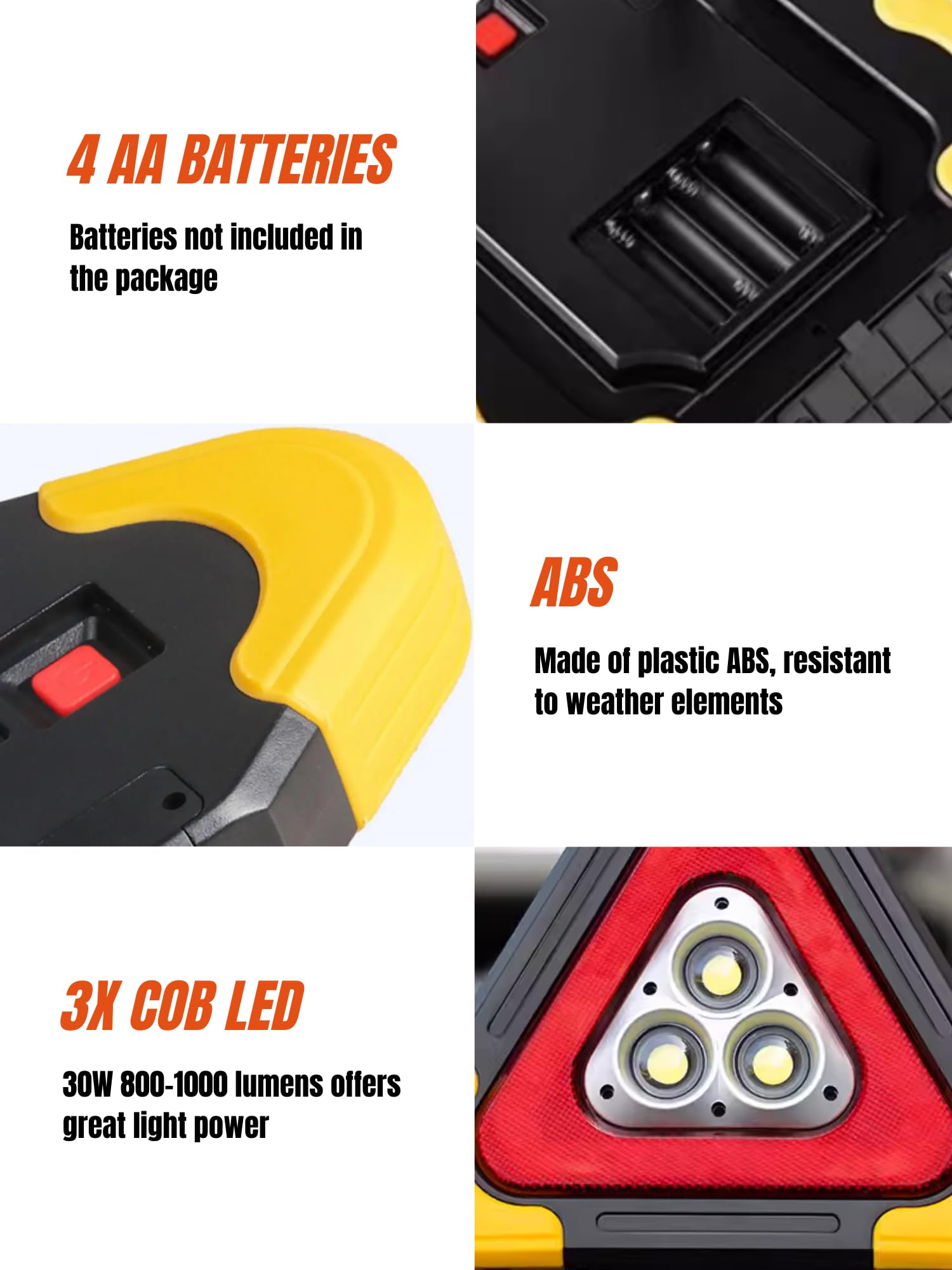 Triangle de Voiture, Triangle de Auto, Triangles de Signalisation, Lumière d'Alerte 30 W, Lumière d'Urgence Portable avec Poignée, Haute Visibilité, Étanche, 3 Modes, Gilet Réfléchissant Inclus.