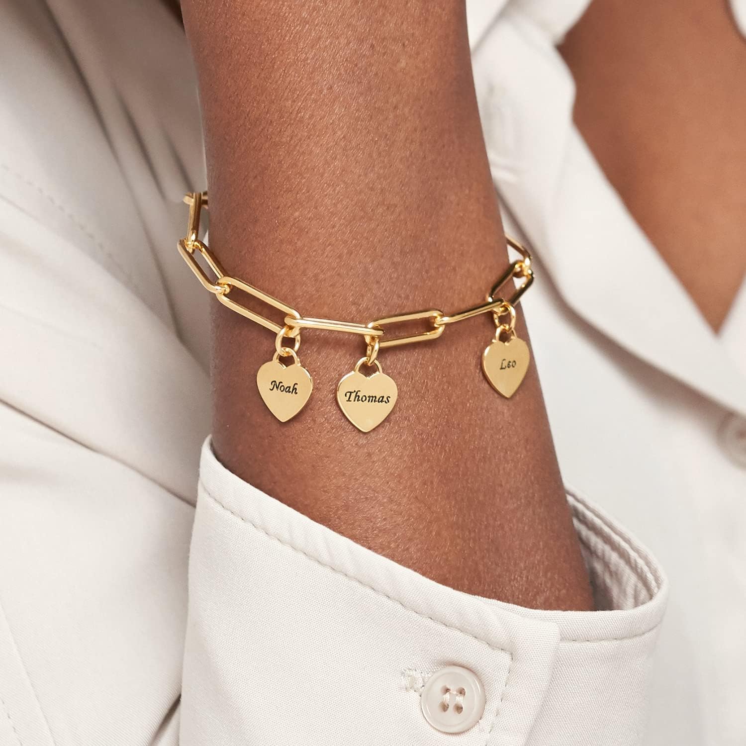 Personalized Heart Charm Link Bracelet for Women – Custom Engraved Heart Charms, Silver Plated, Gold Plated, Rose Gold Plated or Gold Vermeil Chain Bracelet