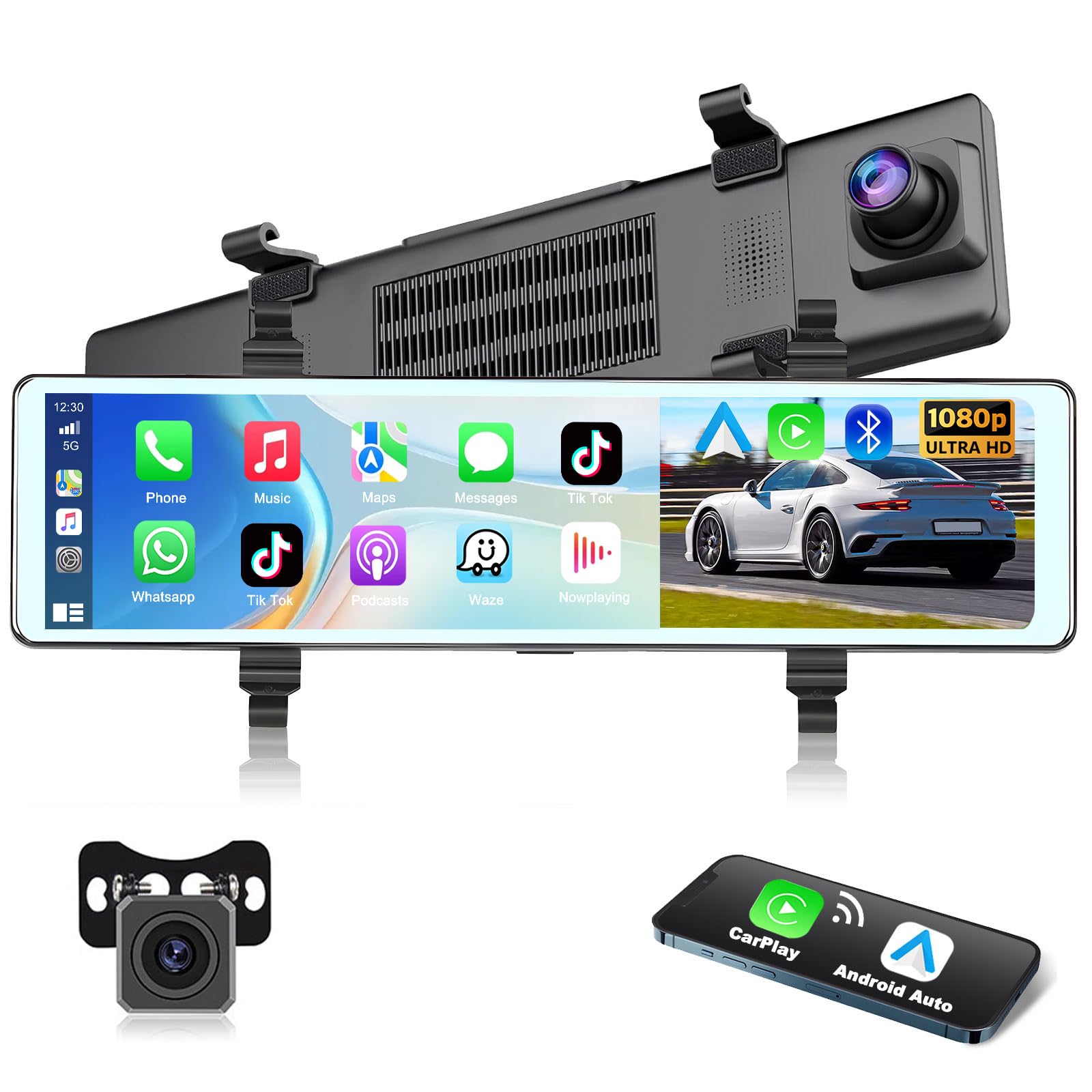 Podofo Specchio Telecamera per Auto per Retromarcia con Wireless Carplay Android Auto 11,26" IPS Touchscreen Mirror Dashcam Doppio Retrovisore Dash Cam per Auto, 2 Schermi Divisi, Bluetooth