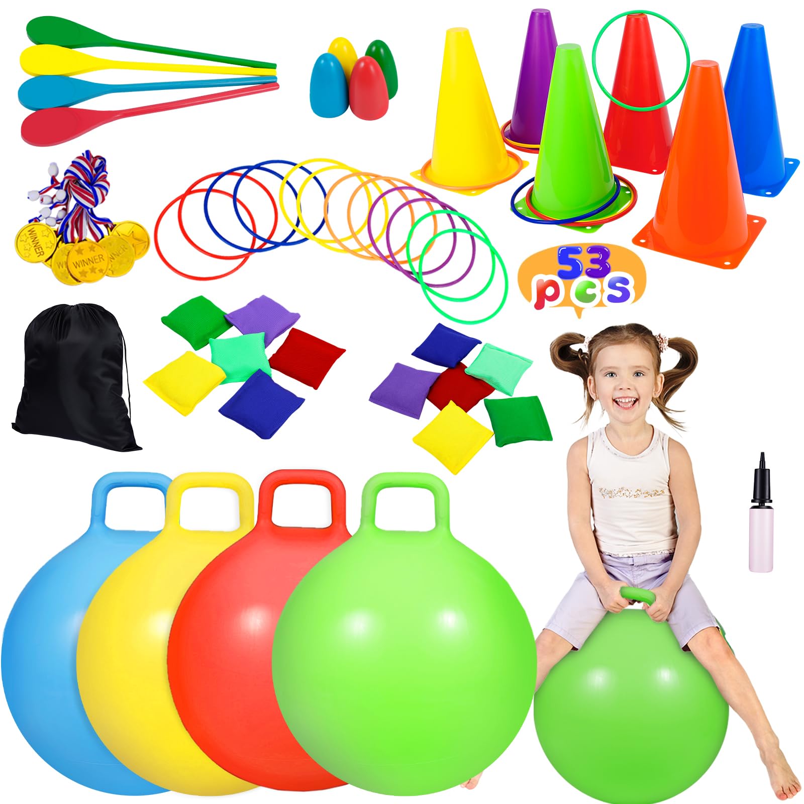 CWLAKON Jeu de Kermesse Extérieur 53 Pièces avec 5 Activités, Balles Sauteuses, Course à l‘Œuf, Lancer d‘Anneaux pour Anniversaire, Fête de Jardin et Rassemblements Familiaux