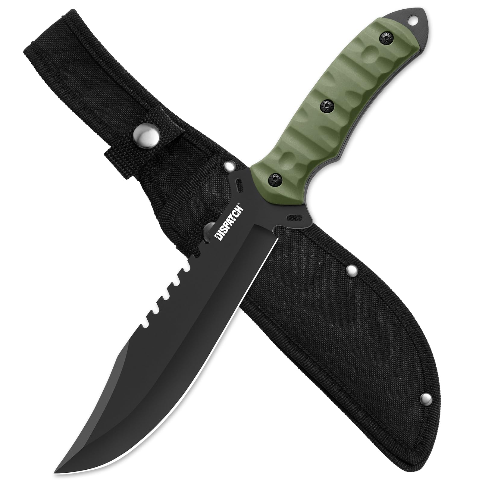 Dispatch Survival Hunting Knife with Sheath, 13.5-inch Full Tang Fixed Blade Tactical Bowie Knife with Serrated Blade Back and Non-Slip TPE Handle for Camping, Bushcraft, Outdoor Adventure