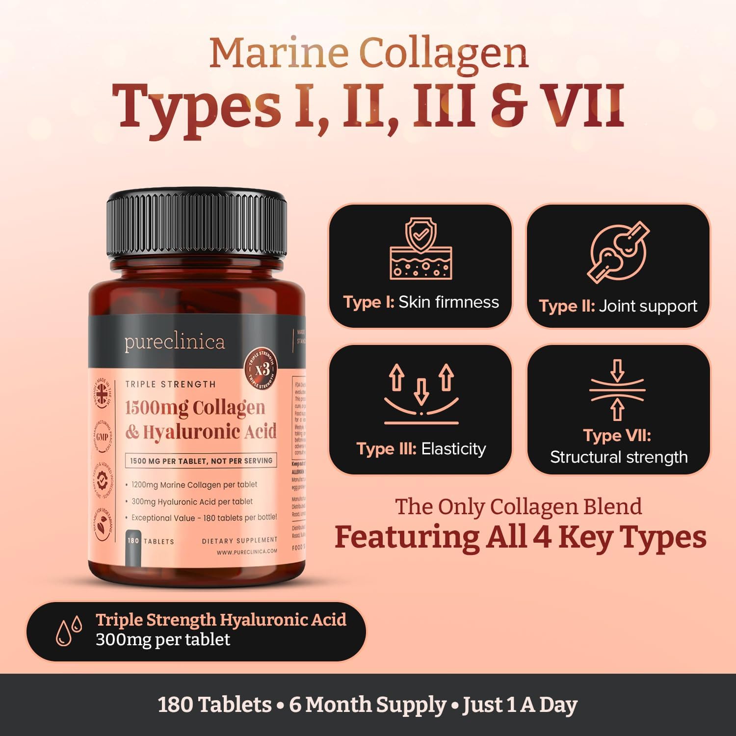 pureclinica 1500mg UltraColl Collagen (1200mg) and Hyaluronic Acid (300mg) x 180 Tablets - 6 Months Supply - Image 4