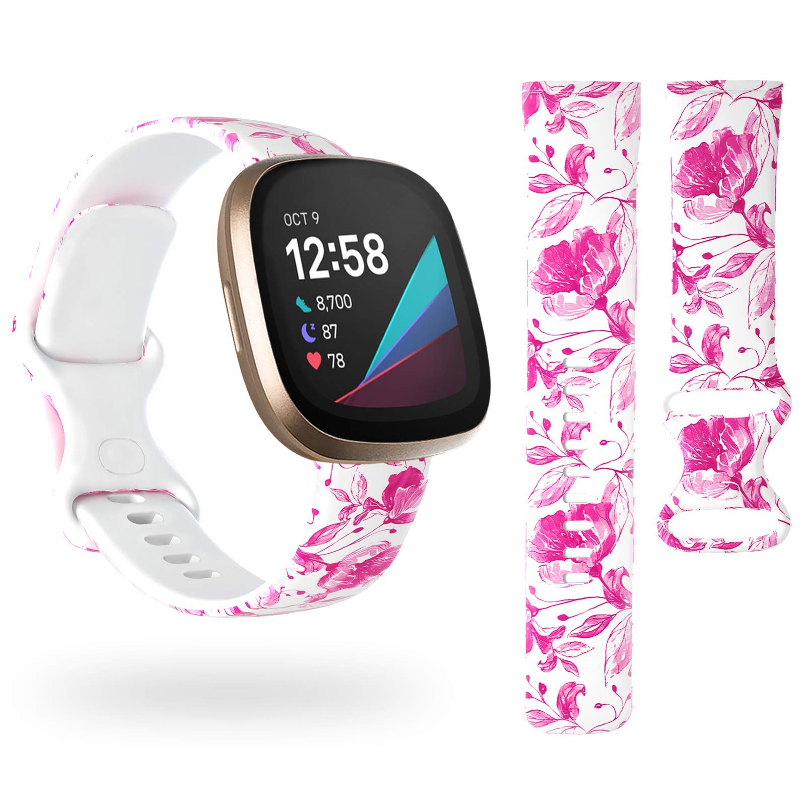 AMSKY Bands Compatible with Fitbit Versa 3 and Sense for Women Men Girl,Soft Silicone Sports Floral Band Replacement Wristband for Fitbit Versa 3 / Sense Smart Watch Small Large