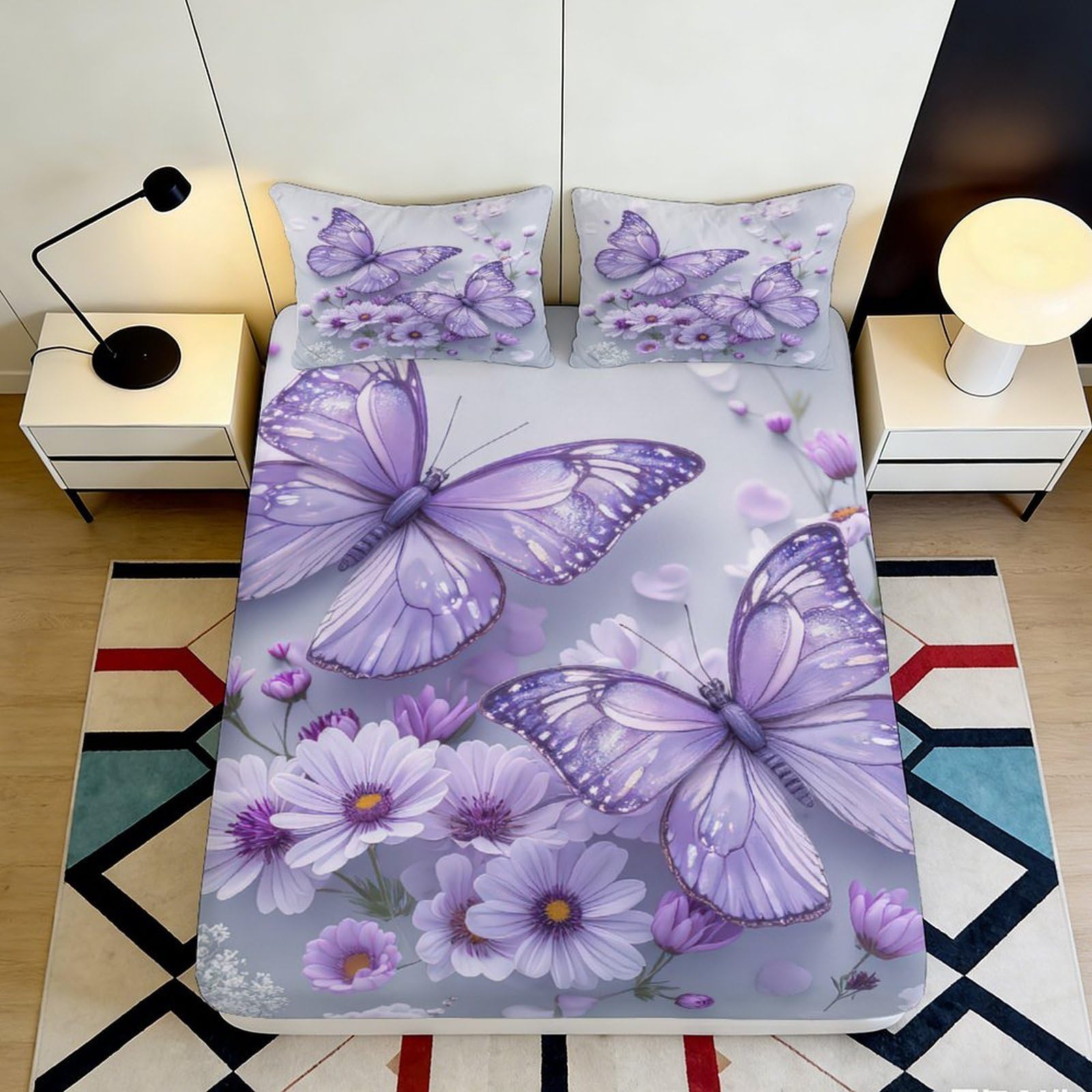 3D Printed Purple Butterfly Fitted Sheet Microfiber Soft Floral Bed Sheet for Bedroom Guestroom Decor Mattress Protection 90x200x25cm