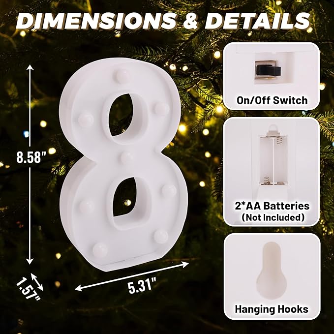 TEHIBIEN LED Light Up Marquee Letters, Battery Powered Decorative LED Letter Lights, Alphabet Light Up Letters for Wedding Birthday Party,Holiday Lamp or Home Bar Decoration (Number 8) photo 2