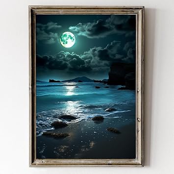 Vintage Moon Canvas Wall Art Ocean Sea Painting Modern Moody Farmhouse Art Print Vintage Moon Aesthetic Poster Night Beach Wall Art Dark Academia Paintings Moons over Beach Print 16x24inch No Frame