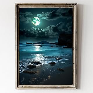 Vintage Moon Canvas Wall Art - Ocean Sea Painting Modern Moody Farmhouse Art Print Aesthetic Poster Night Beach Wall Art Dark Academia Paintings Moon over Beach Print 16x24inch No Frame