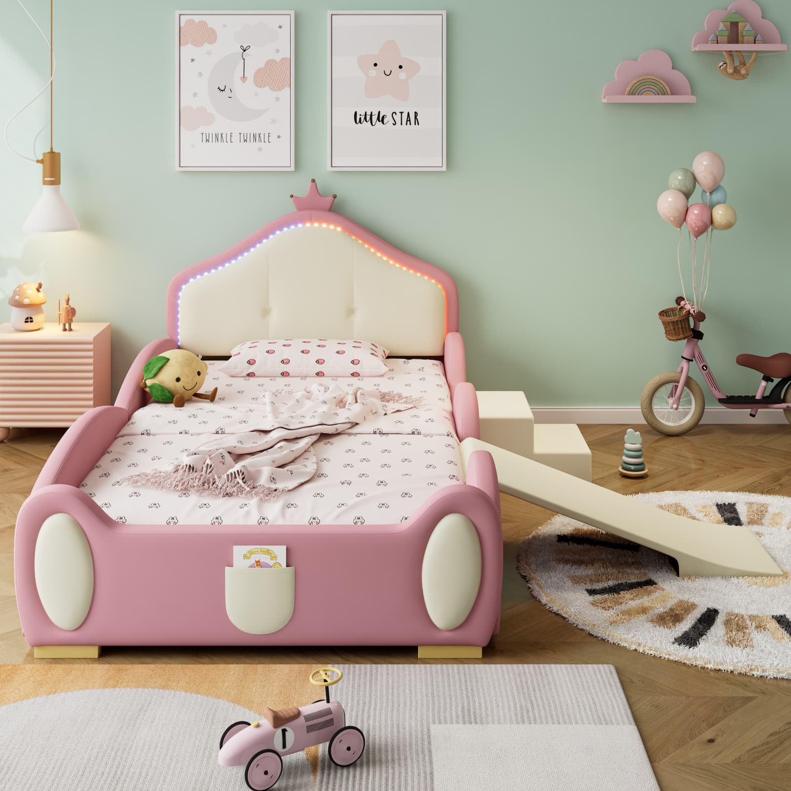 KOMHTOM Lit Enfant en Bois 90x200 cm - Lit LED Plateforme Simple avec Barrière de Sécurité et Toboggan - Escalier - Sommier à Lattes - Design Unique - PU - sans Matela (Rose-B)