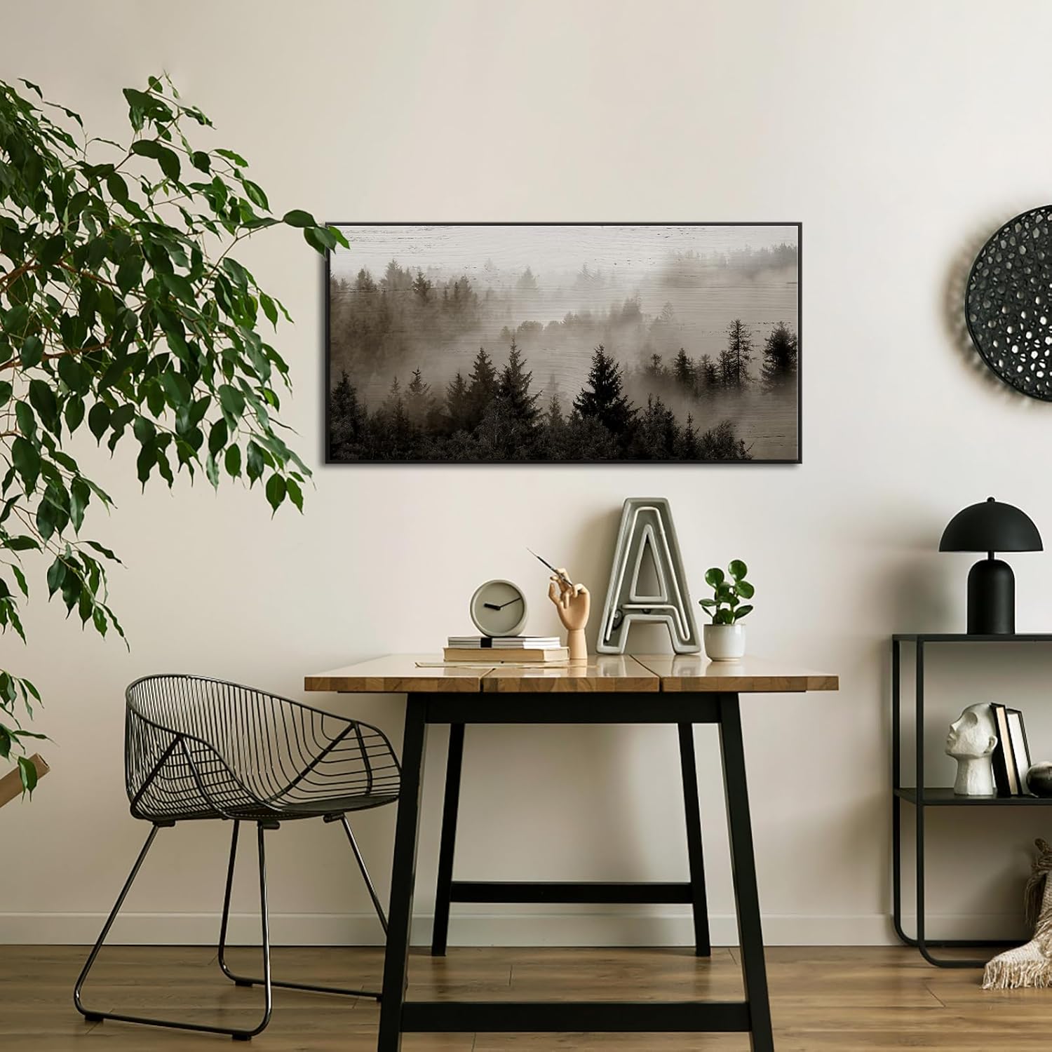 KREATIVE ARTS Large Framed Forest Canvas Wall Art – 24x48'' Foggy Mountain Landscape Print with Black Floater Frame, Nature-Inspired Decor for Living Room, Bedroom, or Office