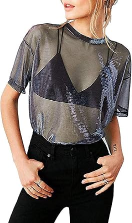 Womens See Through Shirts Short Sleeve Sexy Mesh Metallic Shiny Tops