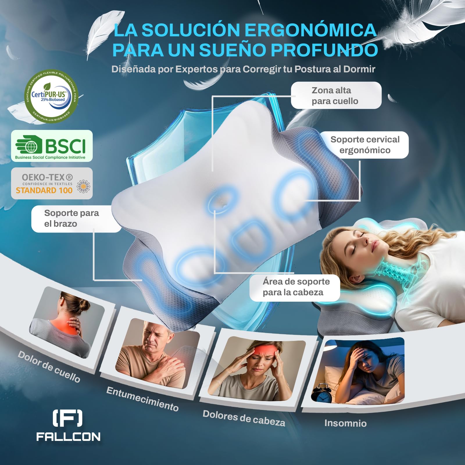 Almohada Cervicales y Cuello Premium | Almohada Cervical Viscoelástica Ergonómica 2 Alturas | Almohada Antironquidos Ortopédica para Dormir de Lado,Arriba y Abajo | Ice-Silk Transpirable