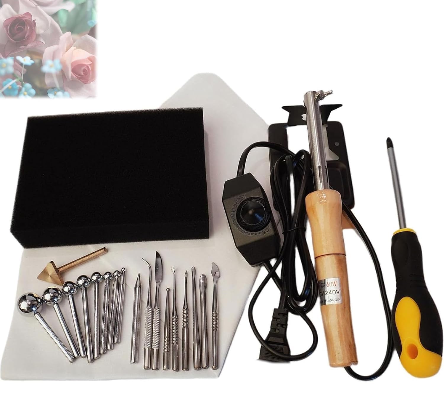 Eoweiot Kit de herramientas para planchar flores de tela con 18 cabezales intercambiables.