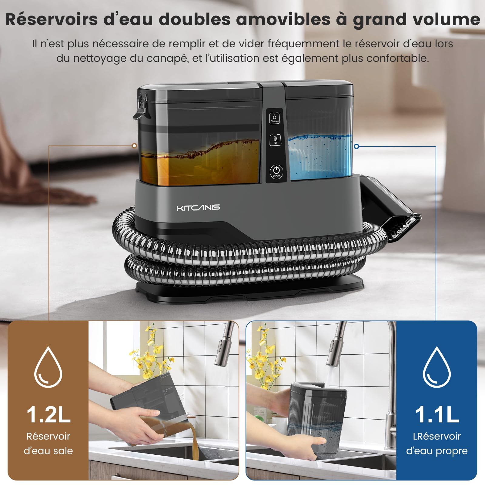 Kitcanis Nettoyeur Canapé Tissu 17000Pa - 78dB 600W Shampouineuse Canape avec 4 Buses Fonction d’Auto-Nettoyage Aspirateur pour Tapis, Moquettes, Meubles, Tissus, Voiture & Plus Encore