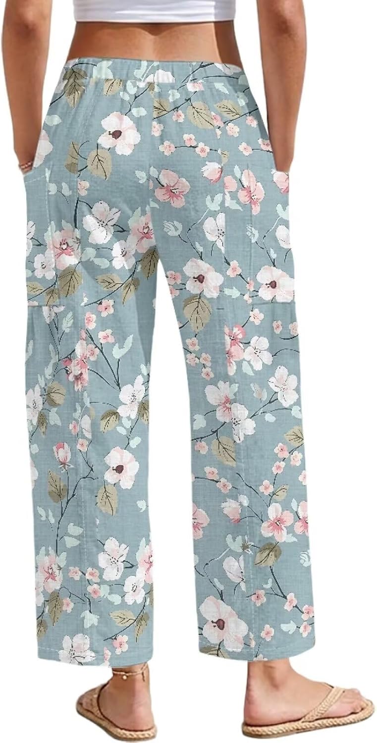Women Linen Casual Pant Elastic Waist Wide Leg Trousers with Two Pockets Lightweight Breathable Soft Stretch