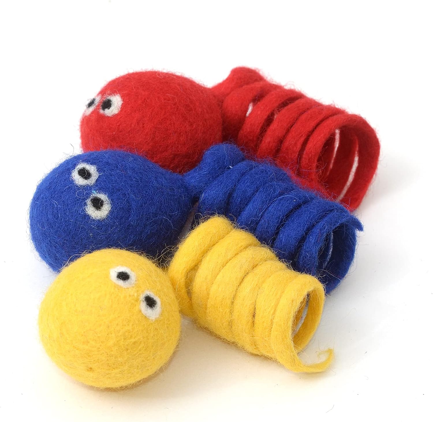 Glaciart One Felt Spring Cat Toy – 3 Pcs Soft Fuzzy Enrichment 100% Natural Wool - Interactive Stretchable Play Set - Safe for Pets, Non-AZO Colored Dyes - 4” Long