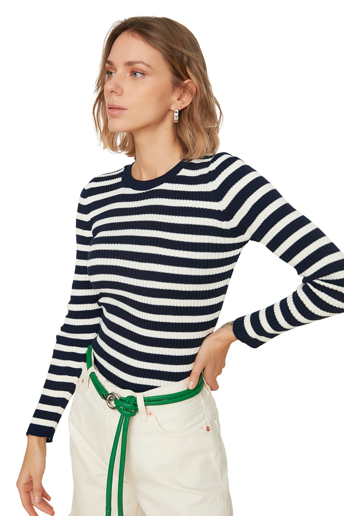 Trendyolwomens Navy Blue Striped Knitwear Sweatshirt Sweater (pack of 1)