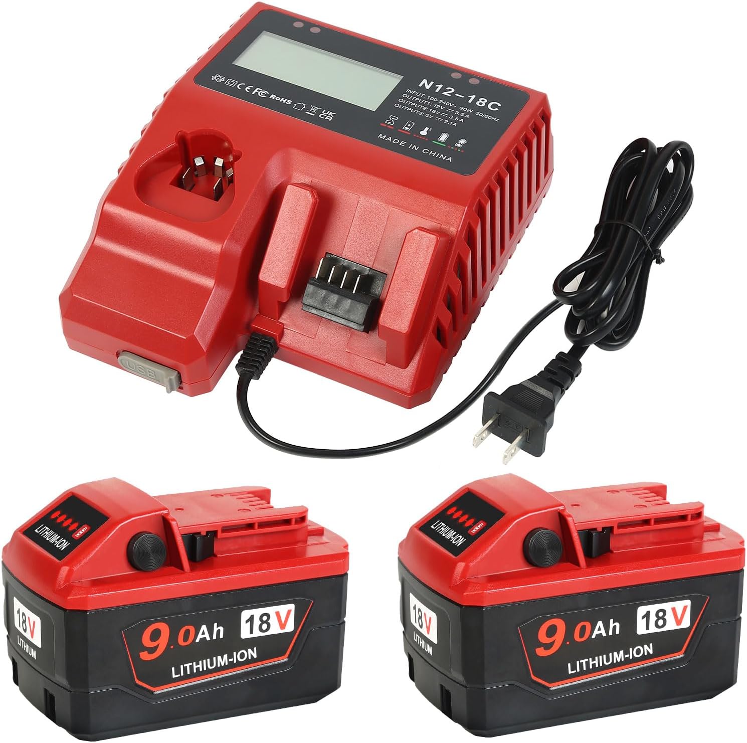 2 Pack 18V 9.0 Ah Batteries Replacement for Milwaukee m18 Battery + 48-59-1812 m18 Multi Voltage Charger kit LCD Display USB Port 18V battery and charger