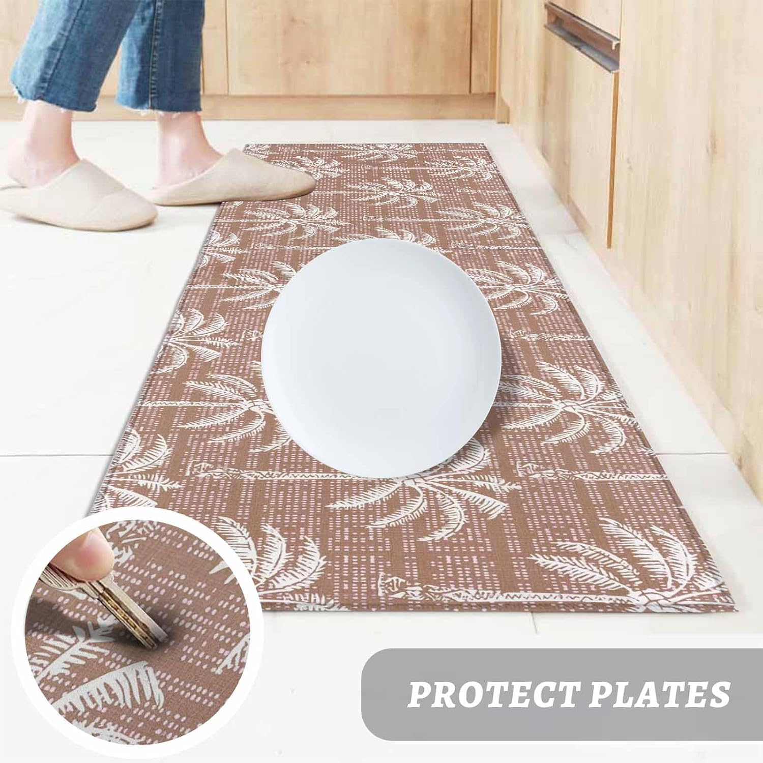 Teamery Kitchen Mats for Floor Brown Palm Tree Summer Beach Washable Non Slip Kitchen Rugs 1PCS, Retro Tropical Plant Absorbent Standing Mats for Sink Bathroom Office Living Room 23.6x70.9in