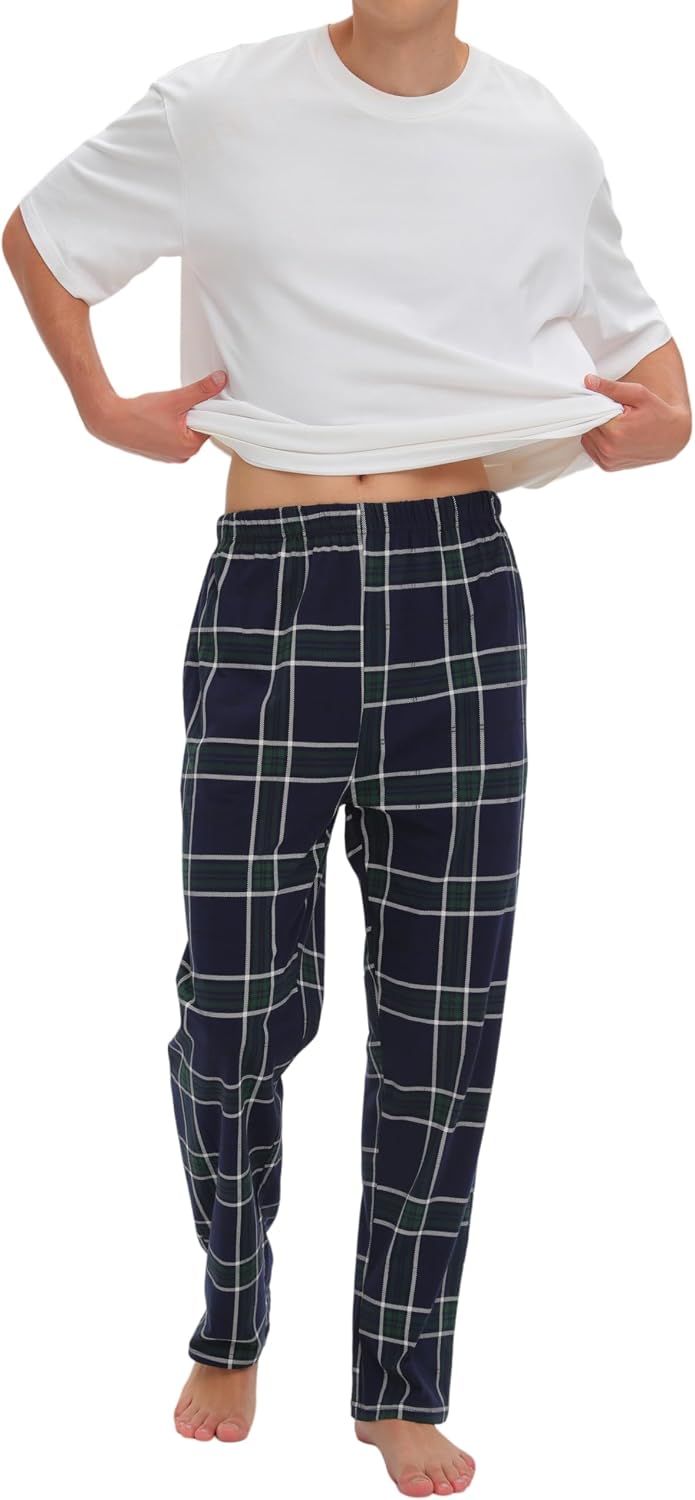 Pajama Pants Mens Soft Cotton Sleep Lounge Pants Elastic Waist Gingham Pajama Bottoms for Men