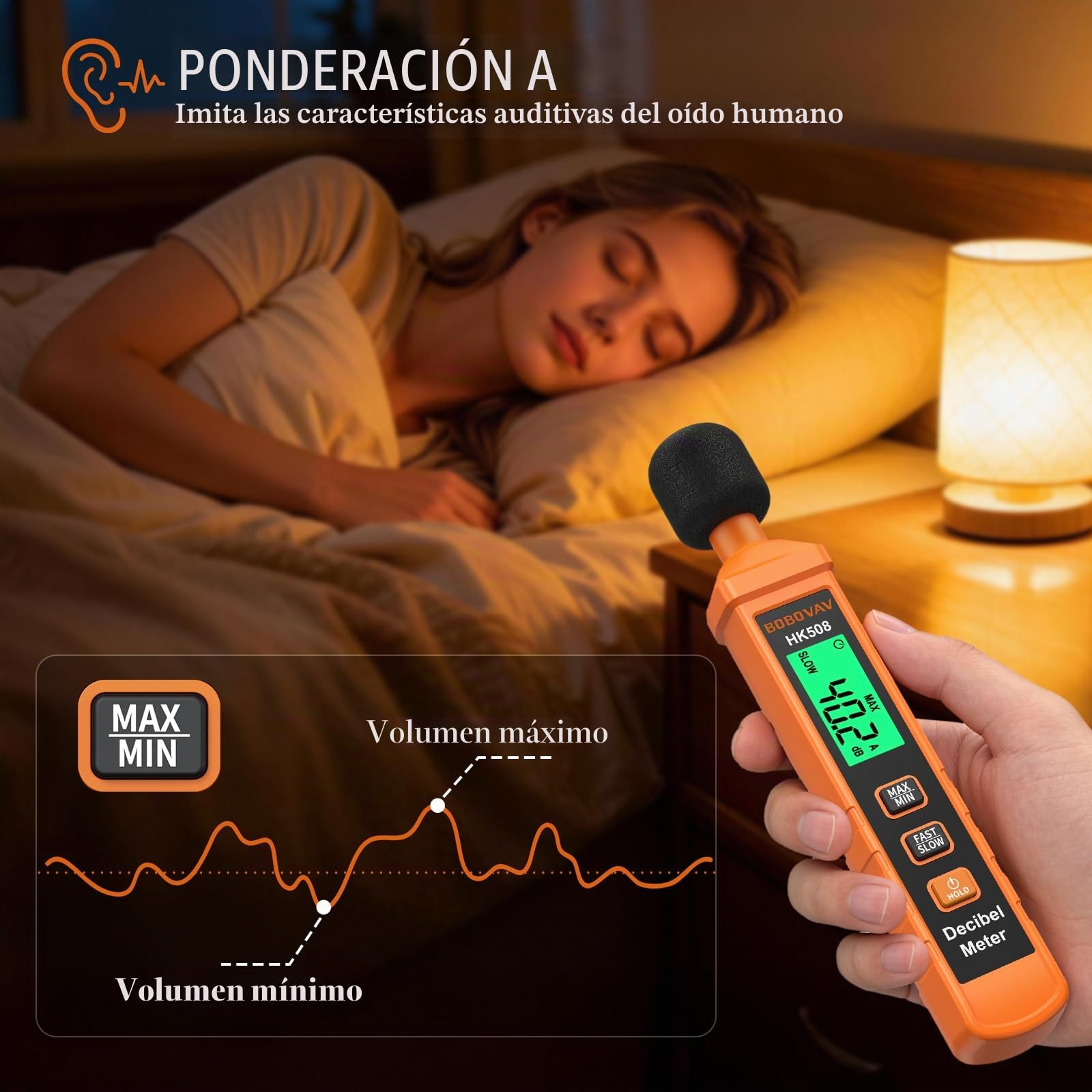 Medidor de Decibelios Digital Portátil, Rango 30-130 dB, Pantalla Verde Retroiluminada, Respuesta Fast/Slow, Memoria MAX/MIN