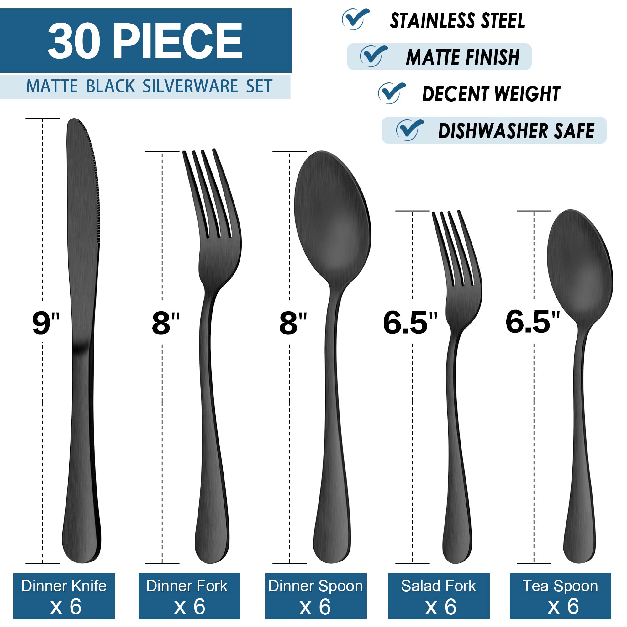 LIANYU 30-teiliges mattschwarzes Besteck-Set, satiniertes Finish, schwarzes Besteck-Set für 6 Personen, Küchenutensilien, Geschirr-Set für Zuhause, Restaurant, Party, spülmaschinenfest