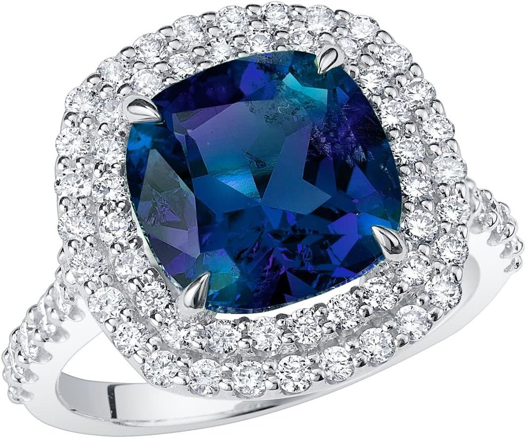 PEORA 5.75 Carats Created Alexandrite Lab Grown Diamond Ring in 14K White or Yellow Gold, Color-Changing Cushion Cut, Sizes 4 to 10