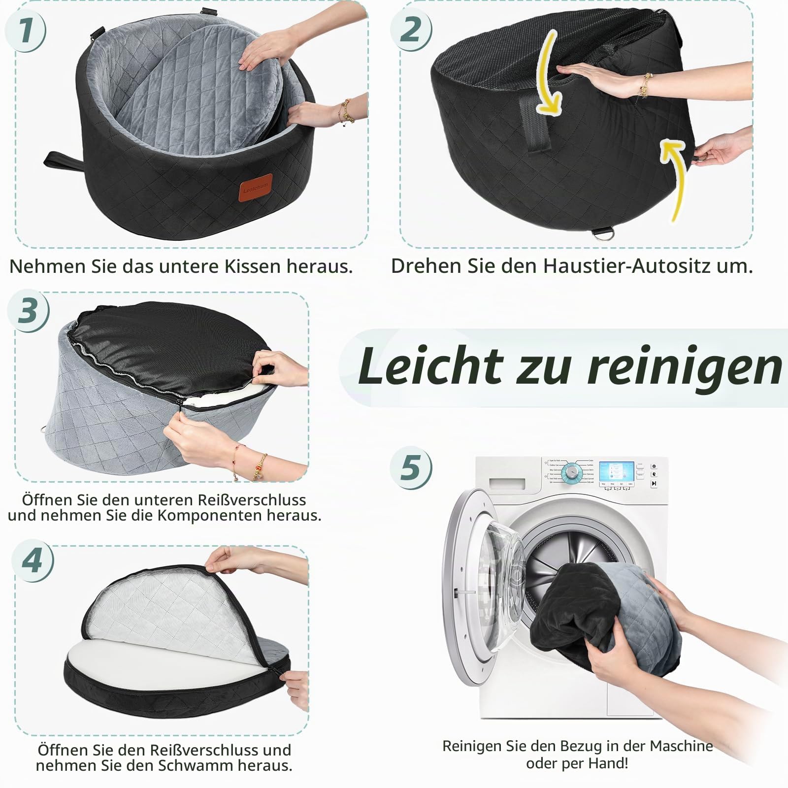 Lealchum Hunde-Autositz, bequemer Haustier-Autositz mit Sicherheitsleinen zum Anklippen, waschbares Reise-Autobett mit Rutschfester Unterseite (Black/Grey, Small)