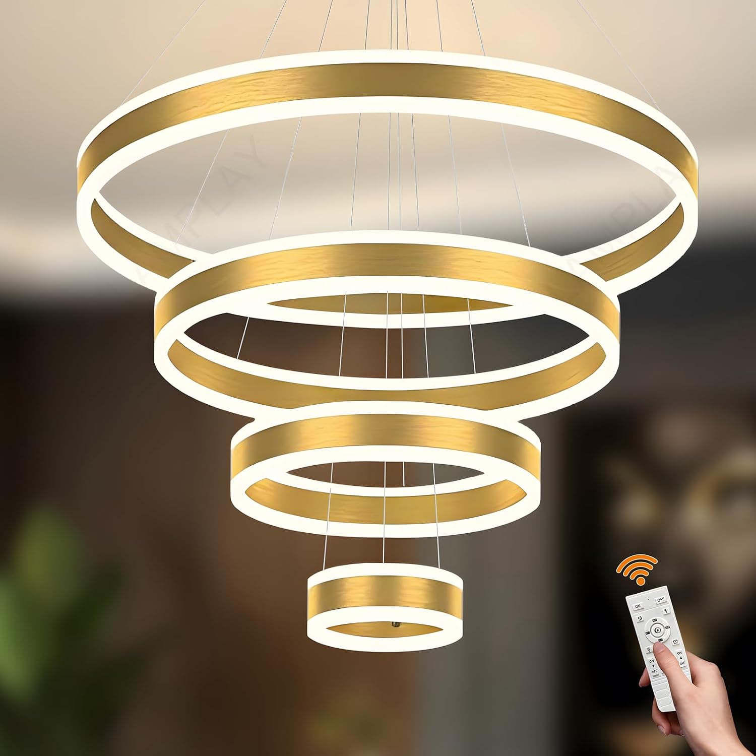 Round Modern LED Pendant Light 4 Golden Ring Chandeliers Dimmable with Remote Control 3000 K - 6000 K Ceiling Light Height Adjustable Living Room Bedroom Dining Room Diameter 40 + 60 + 80 + 100 cm [Energy Class A]