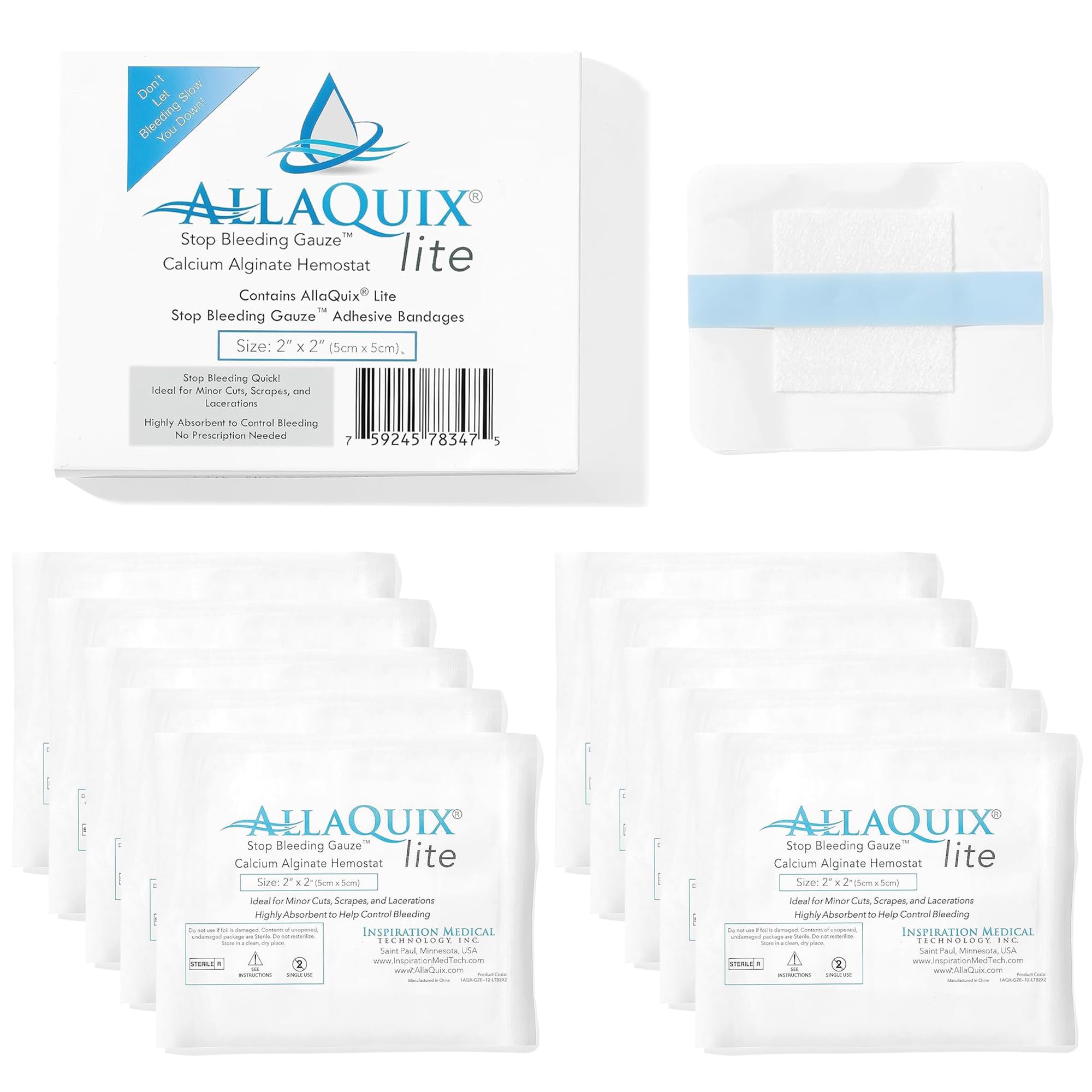 Stop Bleeding Fast – AllaQuix Lite Hemostatic Gauze Pads 2" x 2" – Calcium Alginate Wound Dressing – Adhesive Bandage for Quick Clotting – Sterile, Non-Adherent – First Aid – 10 Pack