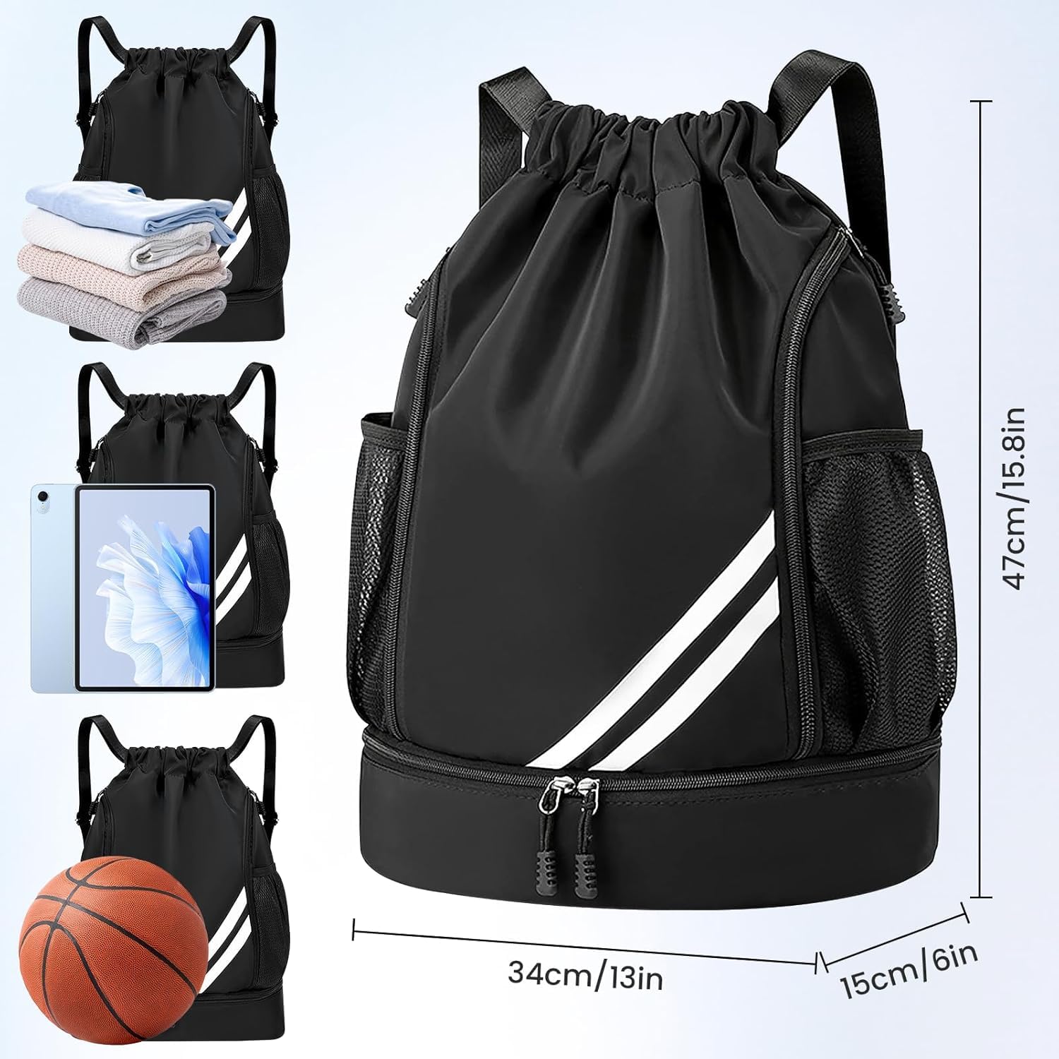 Zorplex Borsa da palestra con coulisse, zaino sportivo resistente all'acqua di grandi dimensioni con scomparto per scarpe, cerniera e tasche in rete per bottiglie d'acqua per sport, nuoto, viaggi
