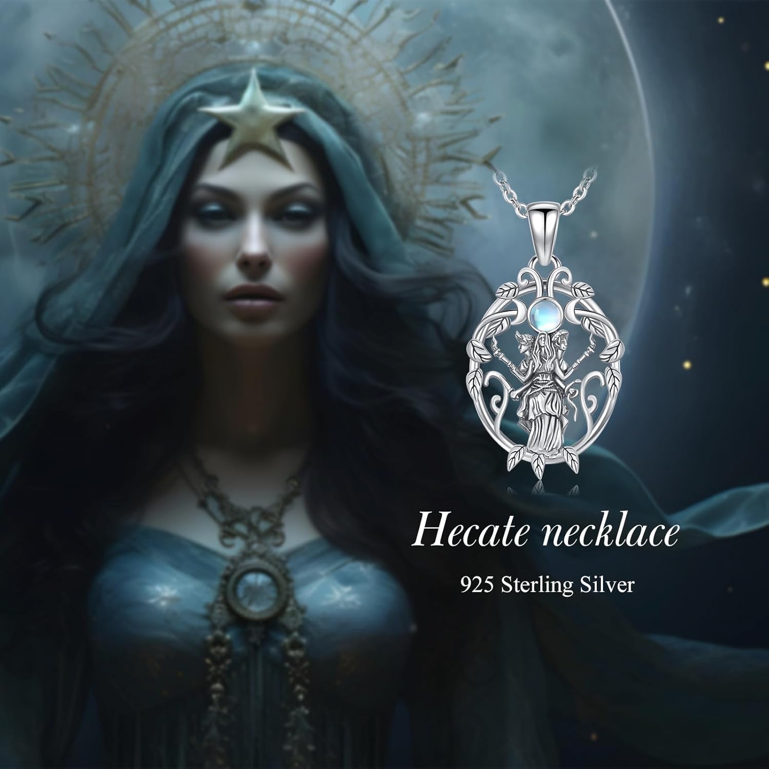 Hecate Necklace Sterling Silver Hekate Necklace Triple Moon Goddess Pagan Jewelry Gifts for Women - Image 6