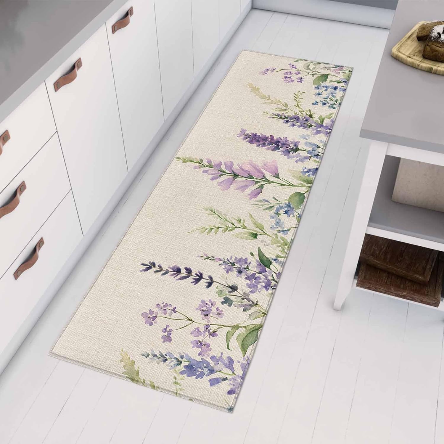 Teamery Kitchen Mats for Floor Purple Lavender Pastoral Flower Washable Non Slip Kitchen Rugs 1PCS, Summer Wild Flower Absorbent Standing Mats for Sink Bathroom Office Living Room 23.6x70.9in