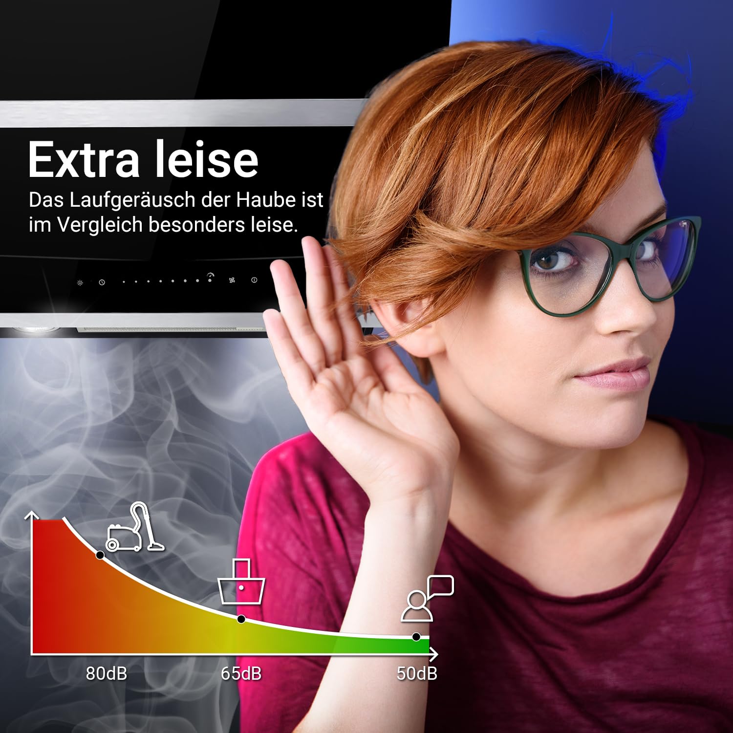 KKT KOLBE | Hotte aspirante cuisine 80 cm | Hotte Murale Inclinées | acier inoxydable | verre noir | WiFi | arrête automatiquement | éclairage LED RVB | Opération tactile | HERMES8005SM