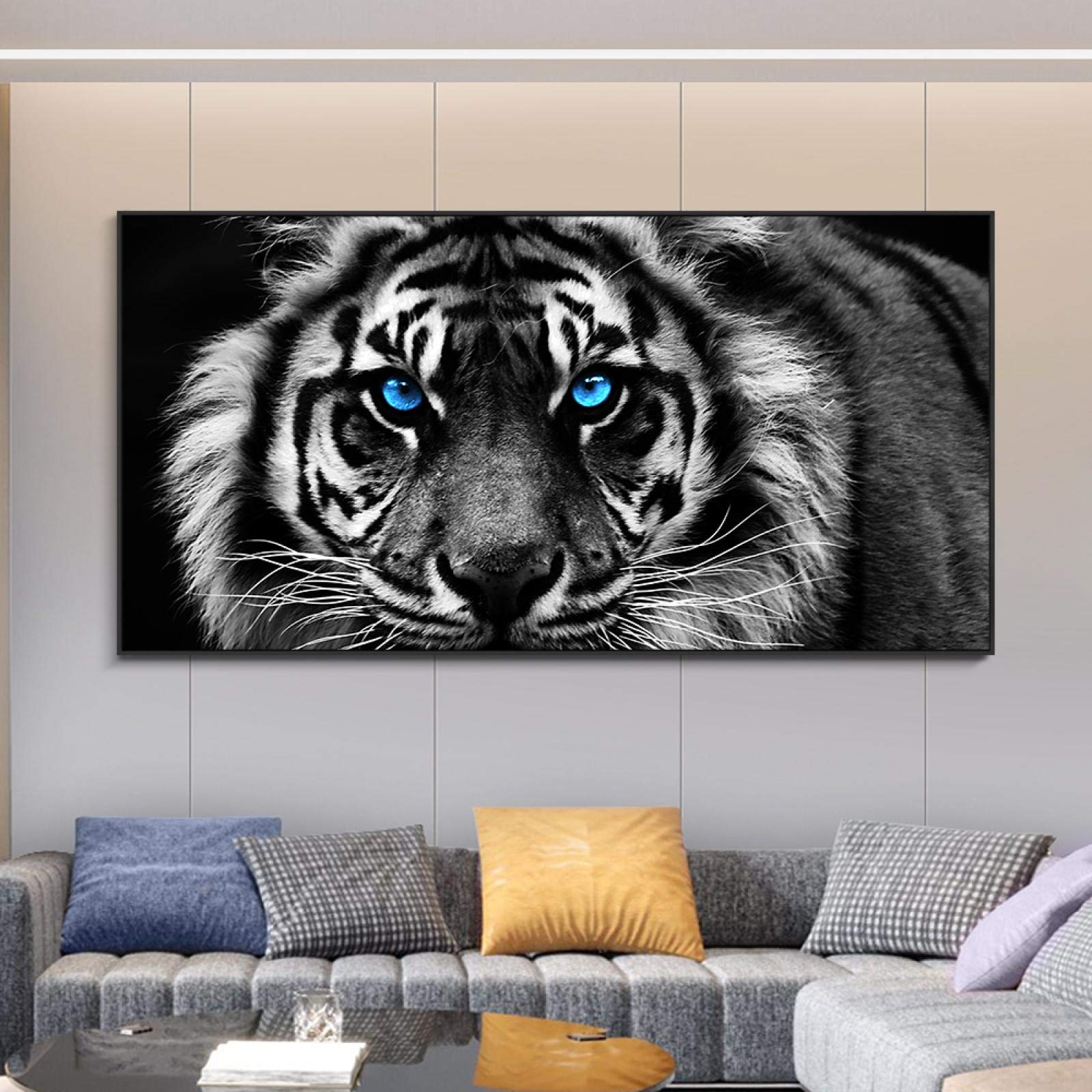 BIEMBI Impresiones modernas Estiramiento y marco Lienzo Arte Blanco y negro Cabeza de tigre Pintura Arte de la pared Pósteres Imagen de arte animal para el hogar 65x130 cm Marco interno