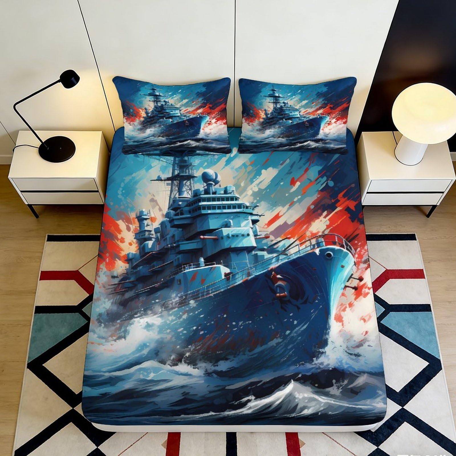 Dhbaneiok Style-8 3D Printed Battleship Ocean Fitted Sheet Microfiber Soft Blue Warship Mattress Cover For Bedroom Dorm Bed Decor 90X200x25cm