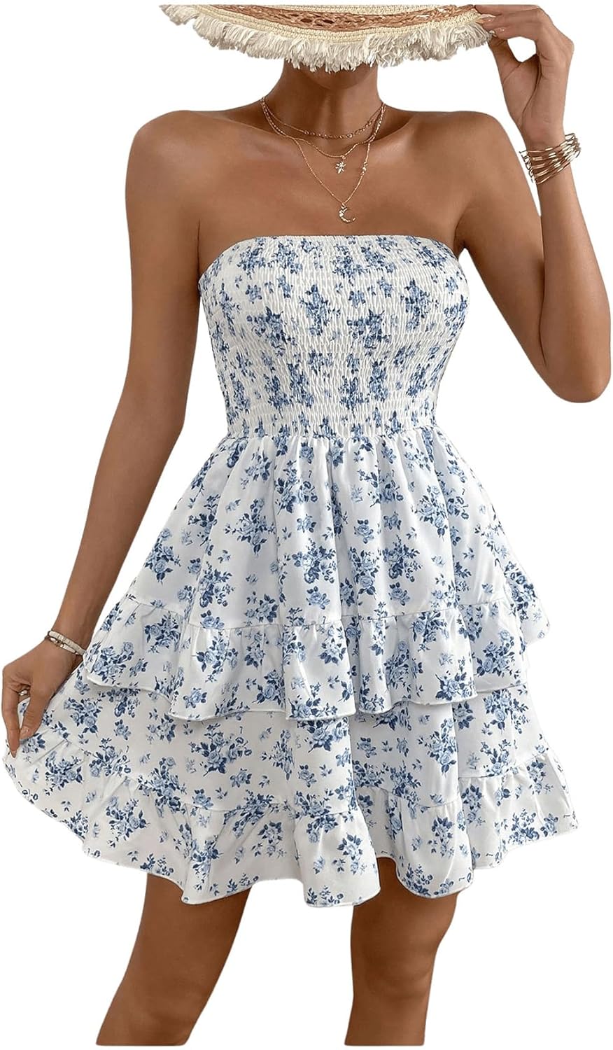 WDIRARA Women's Floral Print Ruffle Hem Tiered Layer Backless Shirred Tube A Line Dress - Image 5