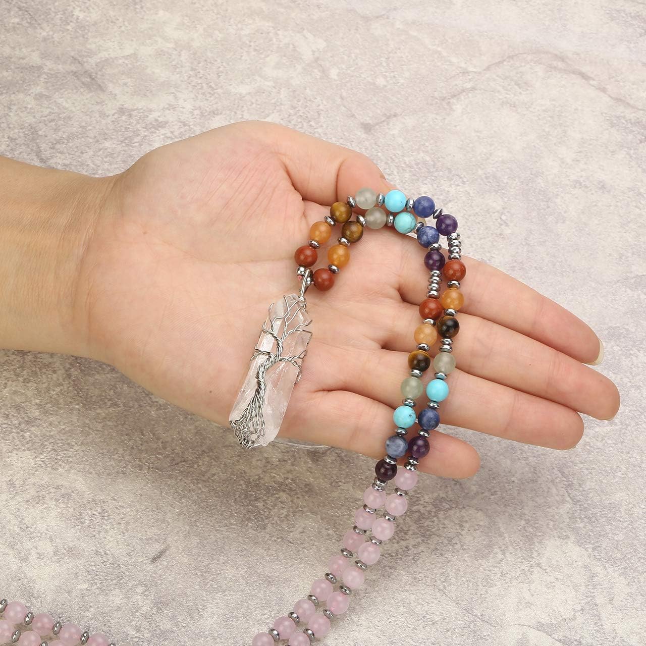 Miniatura 5 de Jovivi Collar con cristales curativos de 7 chakras naturales envueltos en alambre de cuarzo transparente colgante de árbol de la vida curativo