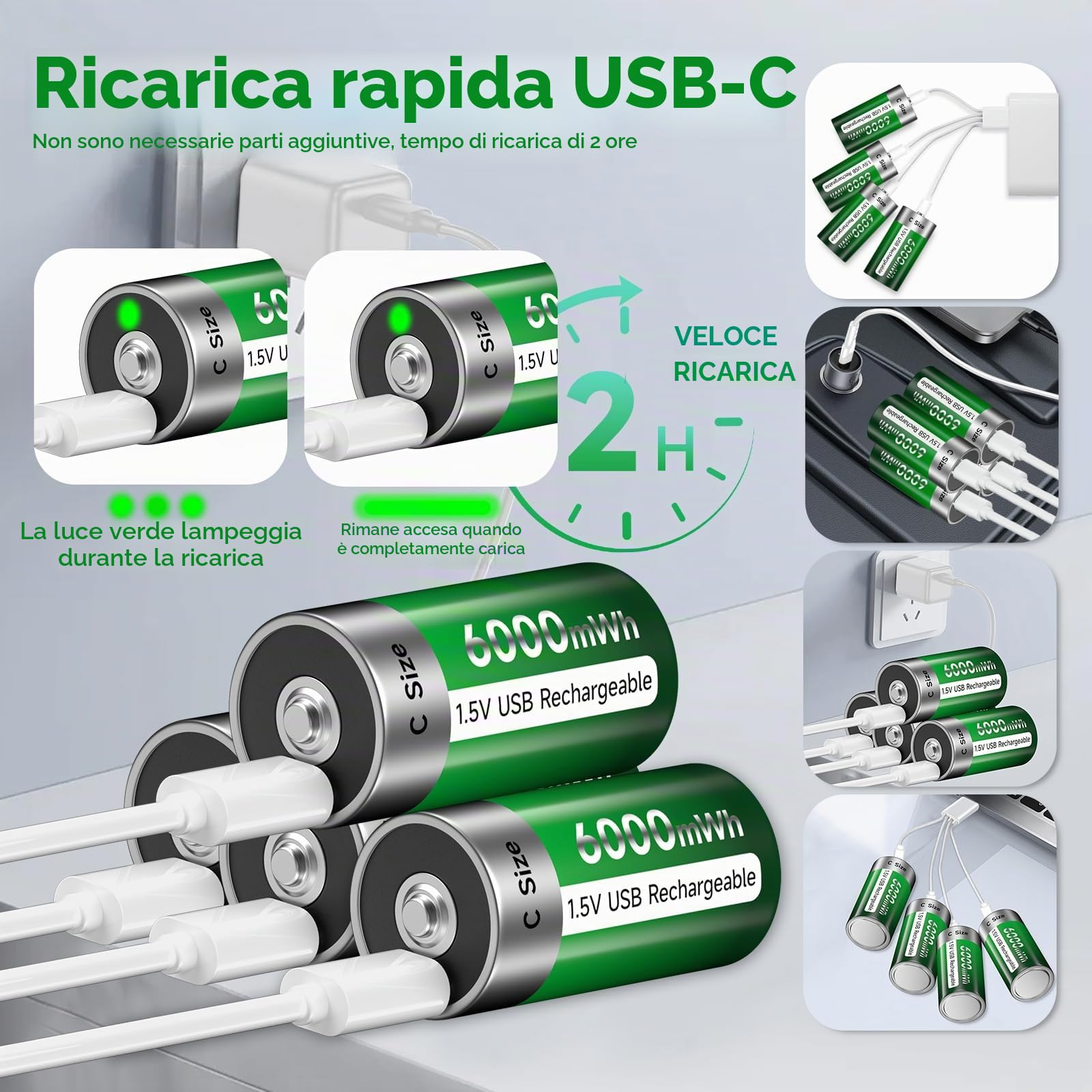 6 batterie ricaricabili Baby C USB 6000 mWh – 1,5 V/litio ricaricabili C batteria ad alta capacità con cavo di ricarica di tipo C, ricarica rapida 3 ore