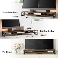 Fenge 108 cm-es Dupla Monitor Állvány - Ergonomikus PC/Laptop/Nyomtató Tartó, 45 kg Teherbírás, 2 Szintes Íróasztal Szervező, Barna 6