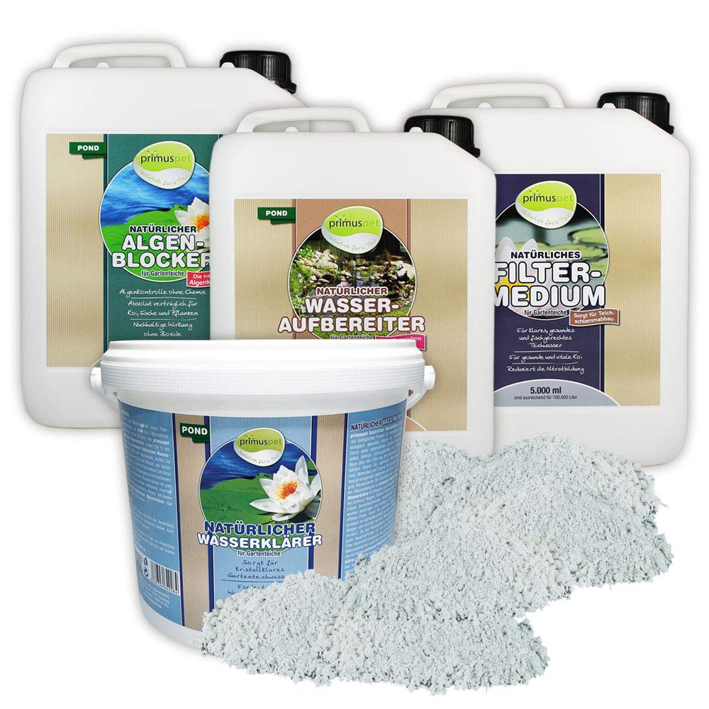 Natürliches Gartenteich Wasserpflege Sparset (4er Sparset: Wasseraufbereiter, Algen-Blocker, Filtermedium + GRATIS Wasserklärer), Set-Größe:Set 5000