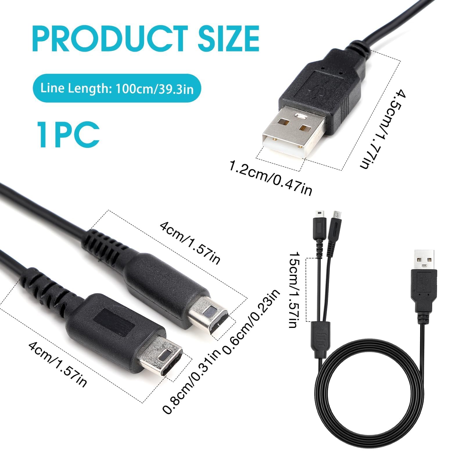 Cavo di Ricarica USB per Nint-endo DS Lite/NDSL, Cavo di Alimentazione 2 in 1 da 1,2m, Compatibile con Nin-ten-do 3DS/3DS XL/2DS/DSi/DSi XL/New 3DS/New 3DS XL/New 2DS XL/DS Lite, Caricabatterie di Ri