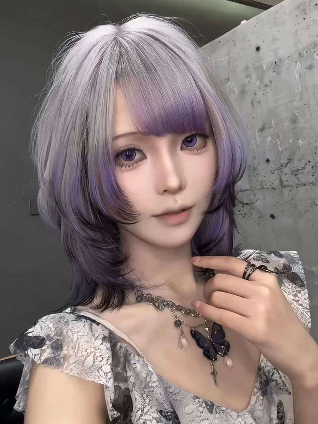 Amazon.co.jp: ウィッグ ウルフカット セミロング ストレート 紫 灰