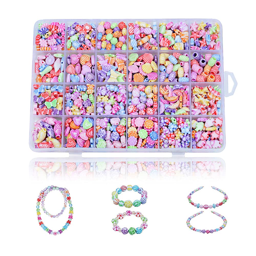 SAPU 1200pcs Beads Kits for Jewelry Making, 24 Different Shapes Colorful Beads Set, Kids Adults Craft DIY Necklace Bracelets Colorful Acrylic Crafting Beads Kit Box with Accessories