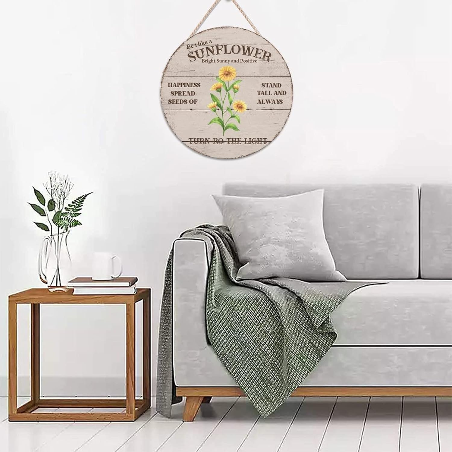 Sunflower Wood Door Sign, Stand Tall Front Door Sign, 16x16in Happiness Wall Hanging Sign Plaque for Outdoor Front Porch Farmhouse Front Door Decor Housewarming Gifts