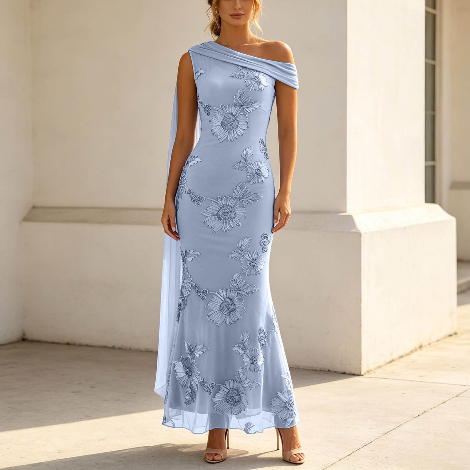 Generisch Elegante vestido de noche en color liso con estampado floral escultórico, hombros asimétricos y faja extraíble