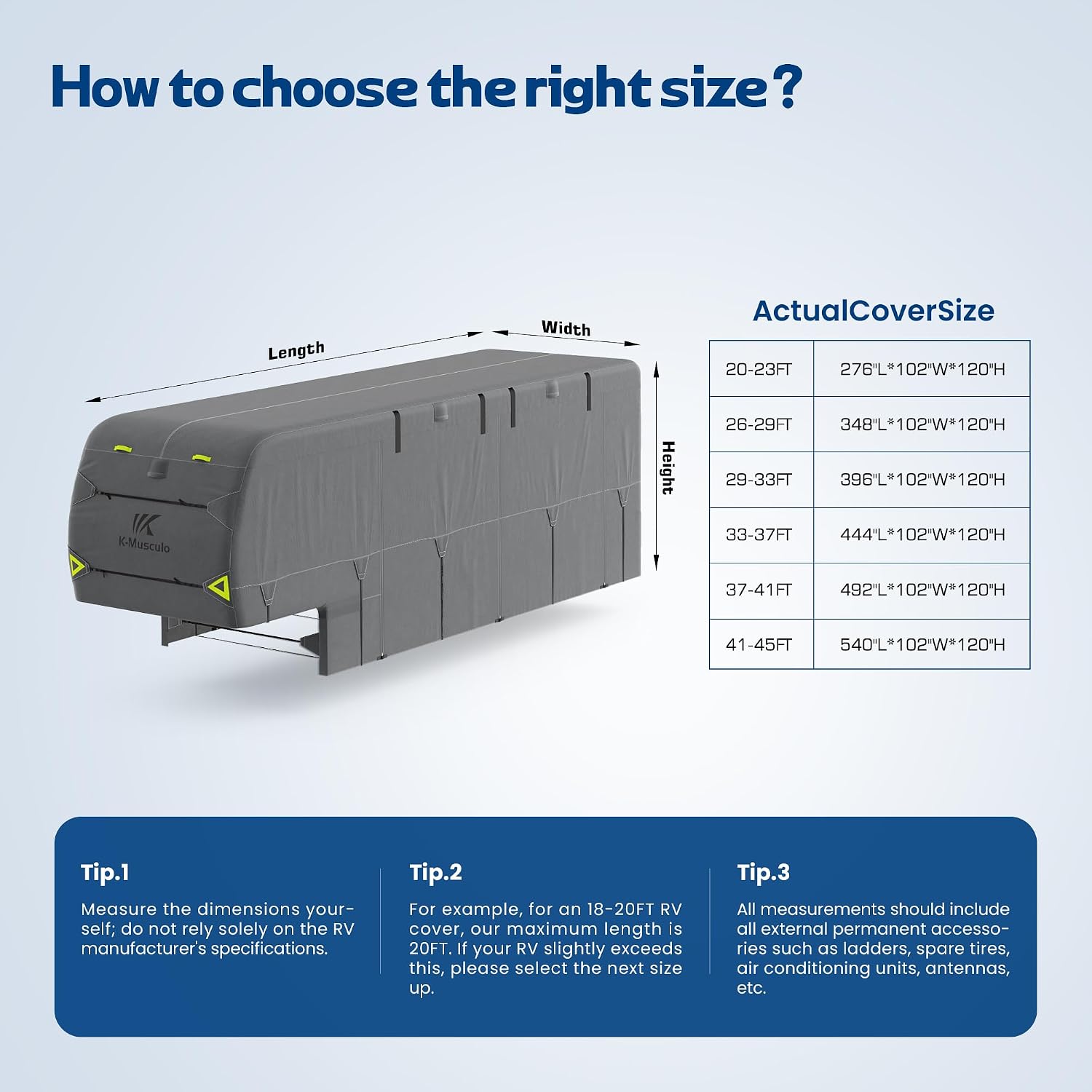 K-Musculo 5th Wheel RV Cover 29-33FT, 7 Layer Top Heavy Duty 5th Wheel Camper Cover, Extra-Thick Waterproof Windproof Anti-UV Rip-Stop Camper Cover, 6 Gutter Covers & 4 Tire Covers